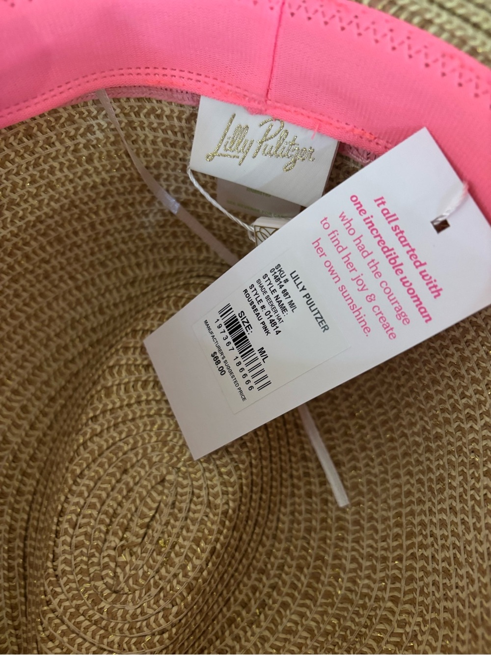 Lilly Pulitzer Shade Seeker Beige Straw Sun Hat with Pink Band and Gold Emblem - Picture 4 of 4